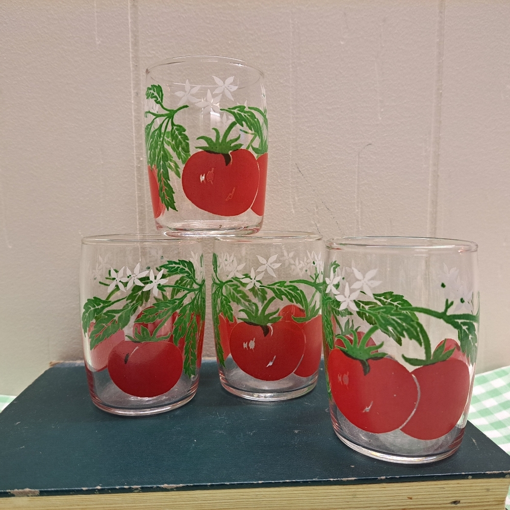 Set Of 4 Vintage Anchor Hocking Tomato Print Glass Tumblers Set